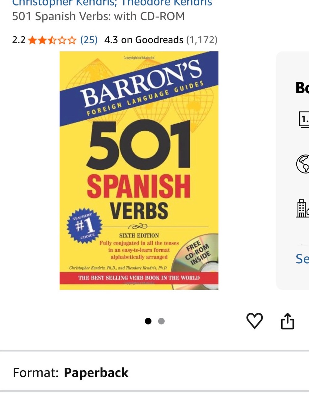 Barron's 501 Spanish Verbs (7th Edition) Paperback with CD-ROM Like New